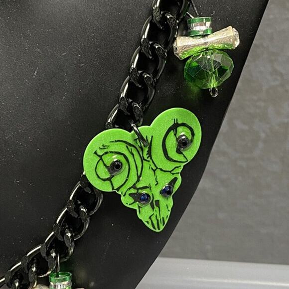 Hand Embellished Necklace eyeball bow, crystal lace pendant guitar pick beads - Picture 5 of 10